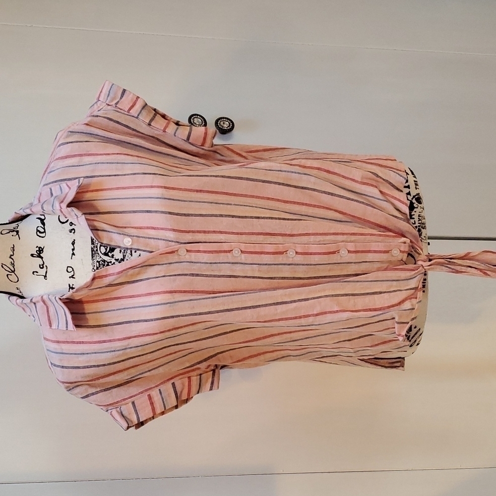 Women's  Linen Cropped Pink Multi Color Stripe Top Short Sleeve Preppy Sz. M